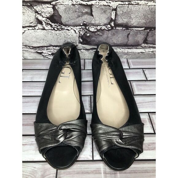 AGL Black Leather Pewter Twist Slip On Peep Toe Wedge Flats Women Sz 39EU/8.5US - Picture 1 of 16